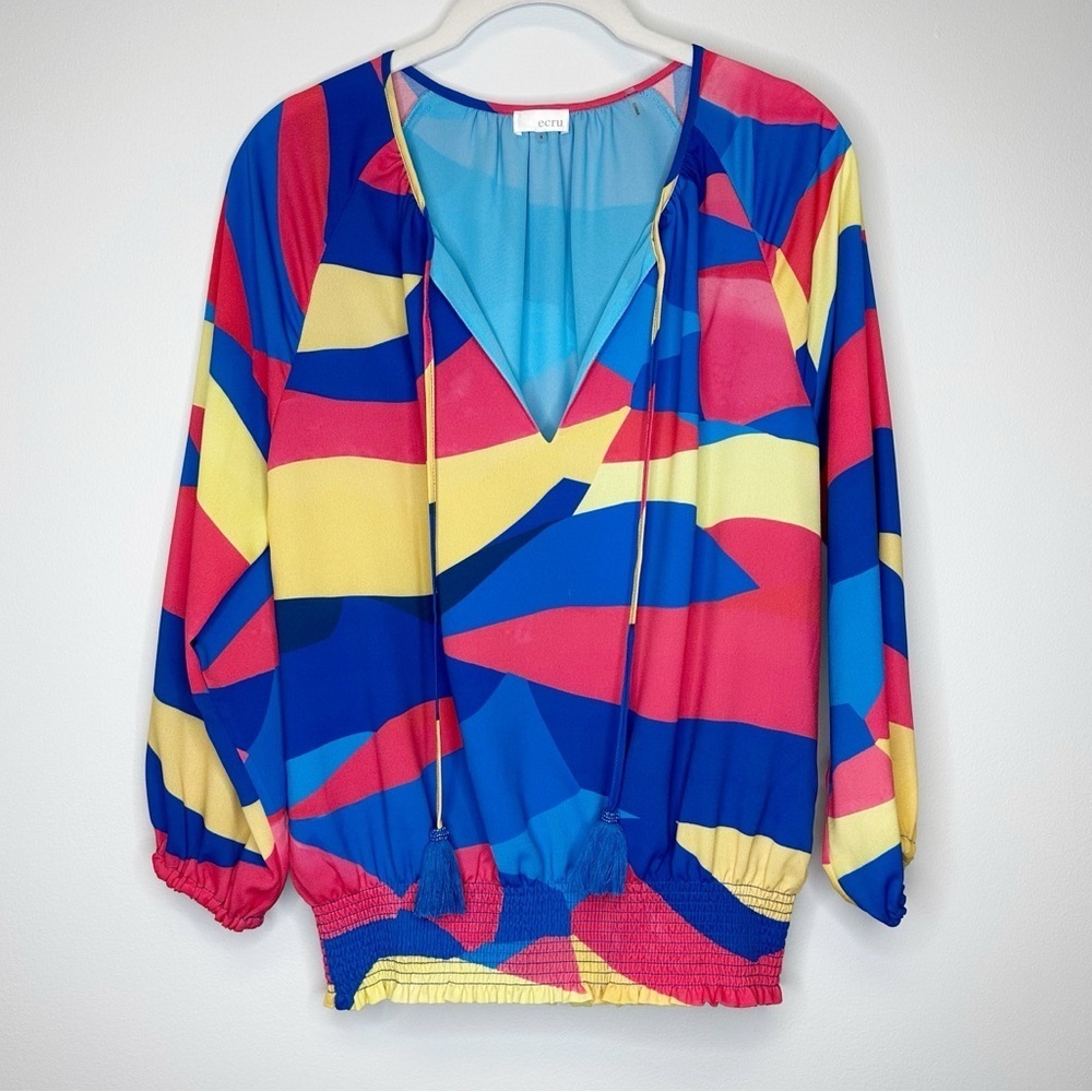 Ecru Multicolor Geometric Print 3/4 Sleeve Smocked Hem Tassel Blouse Small
